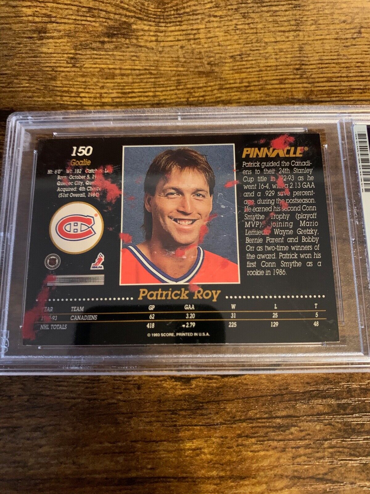 Patrick Roy Autographed Signed 1993/94 Pinnacle NHL Card PSA Certified Slabbed