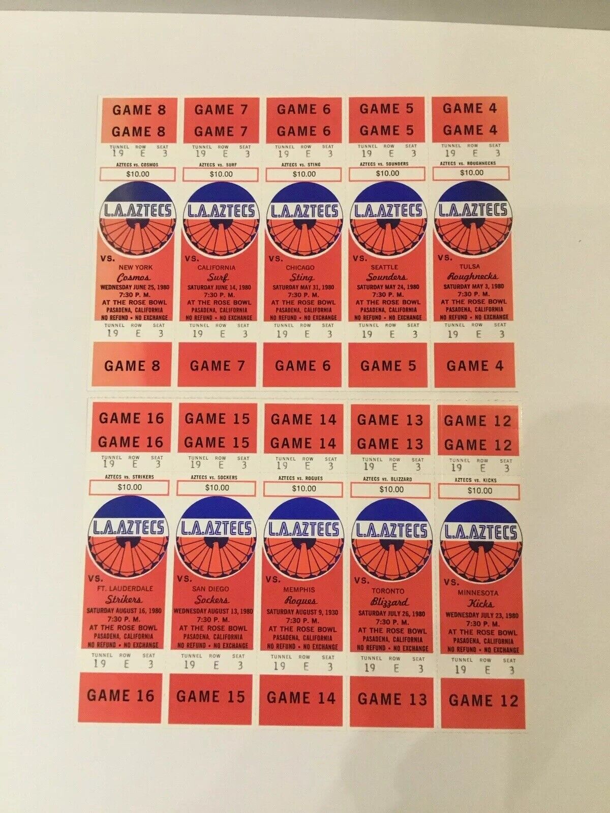 1980 Los Angeles La Aztecs Soccer Tickets 10 NM Condition full sheet