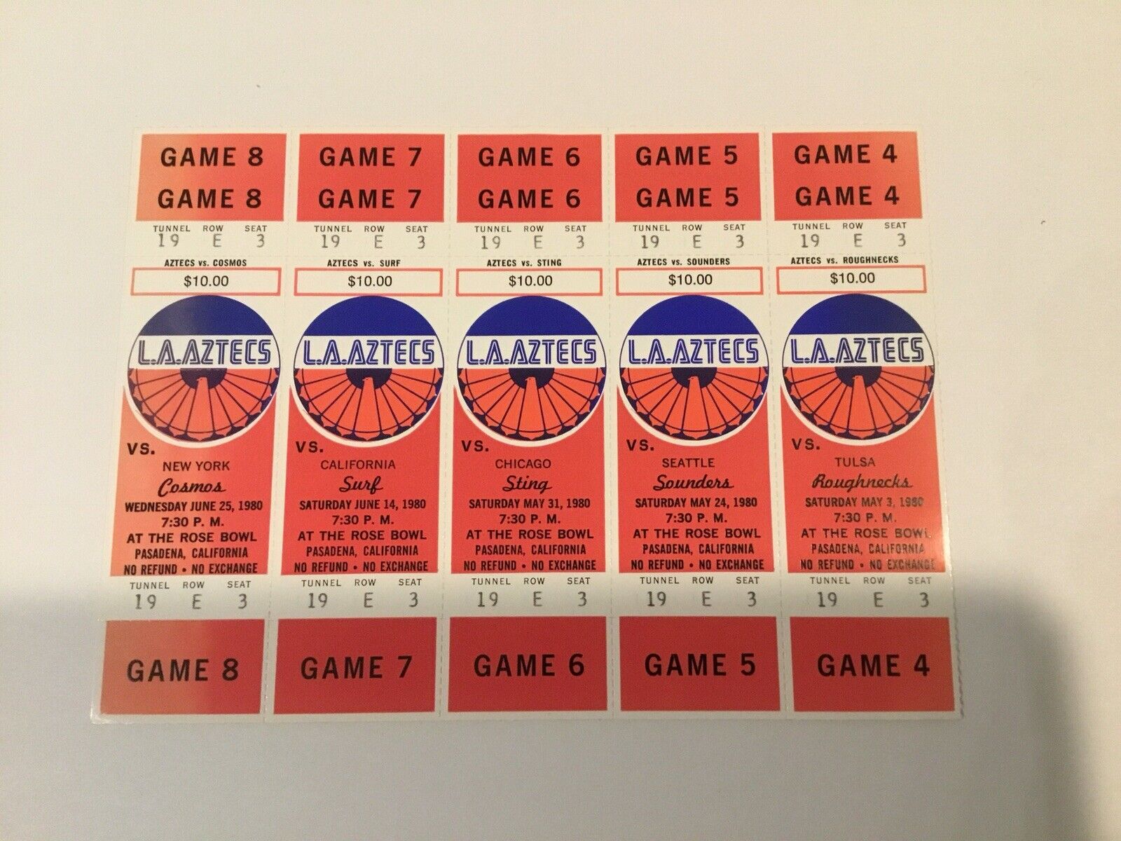 1980 Los Angeles La Aztecs Soccer Tickets 10 NM Condition full sheet