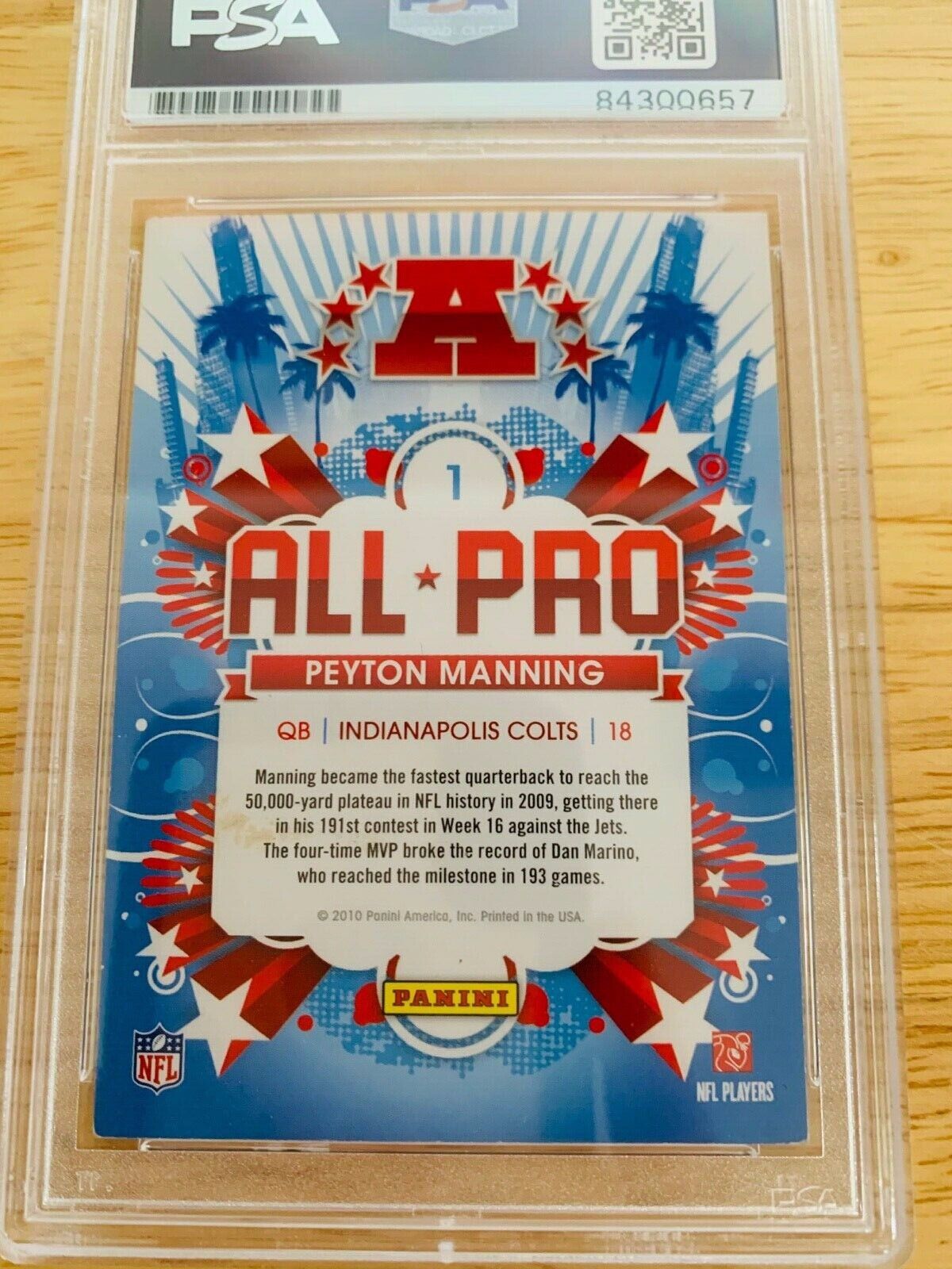 Peyton Manning Autographed 2010 Score All Pro NFL Card PSA Certified Slabbed