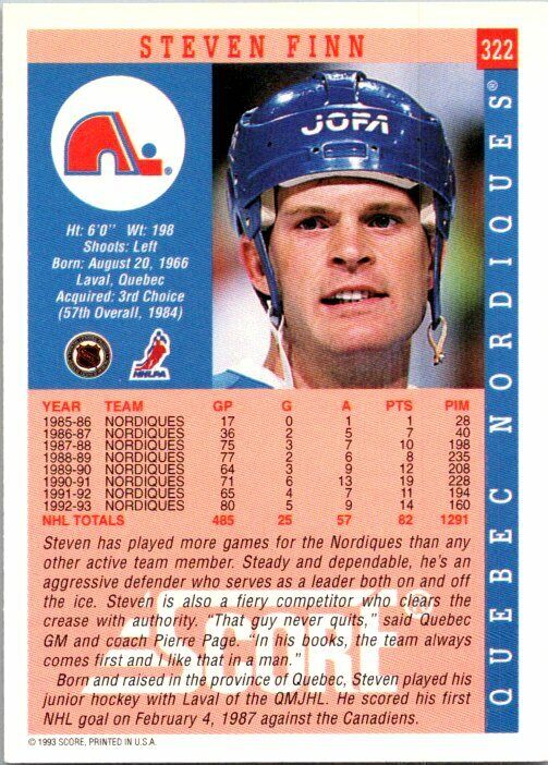 Steven Finn Quebec Nordiques Hand Signed 1993-94 Score Hockey Card #322 NM