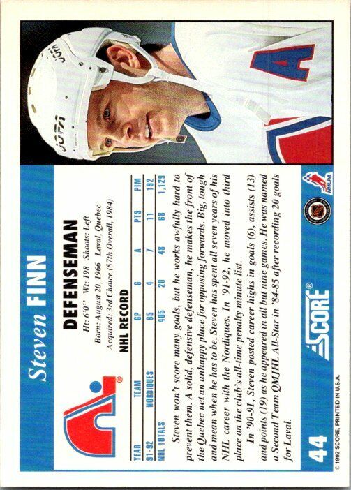 Steven Finn Quebec Nordiques Hand Signed 1992-93 Score Hockey Card #44 NM