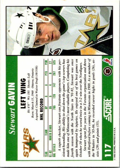 Stewart Gavin Dallas Stars Hand Signed 1992-93 Score Hockey Card #117 NM