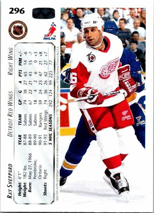 Ray Sheppard Detroit Red Wings Hand Signed 1992-93 UD Hockey Card #296 NM