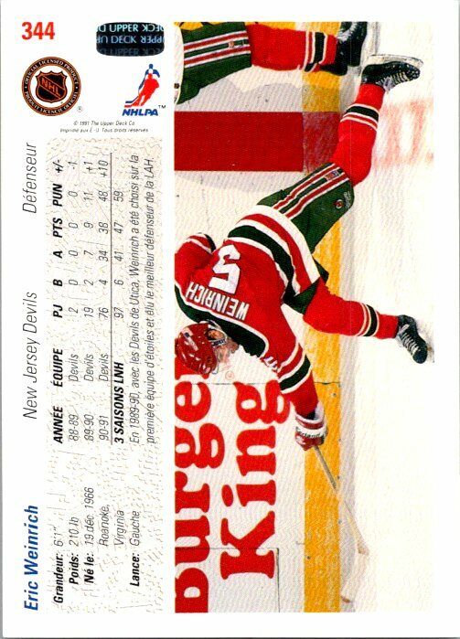 Eric Weinrich New Jersey Hand Signed 1991-92 Upper Deck Hockey Card #344 NM