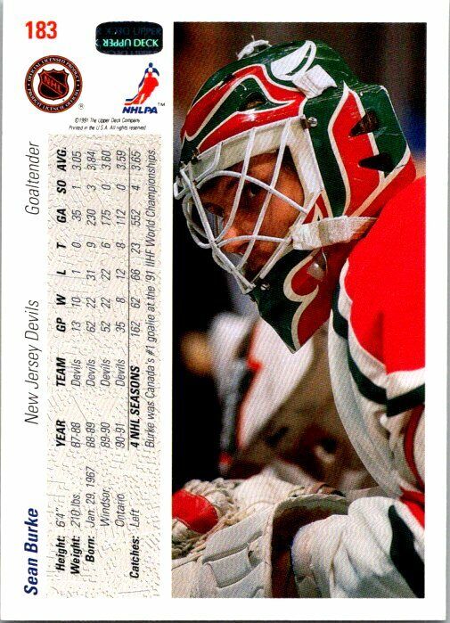 Sean Burke New Jersey Devils Hand Signed 1991-92 UD Card #183 in NM-MT