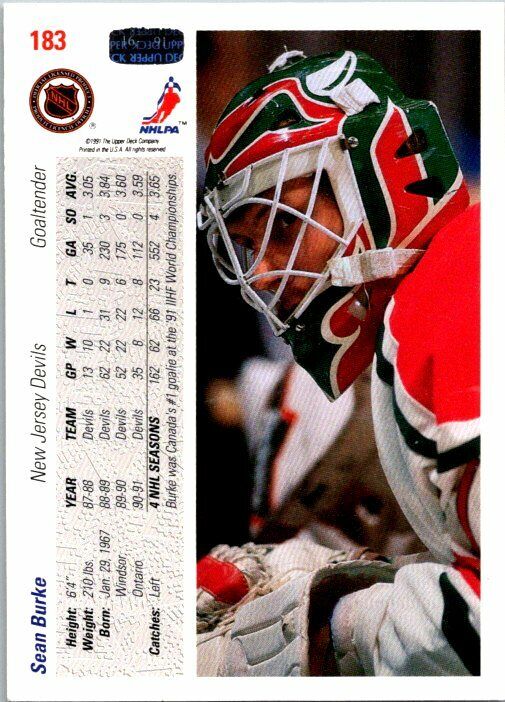 Sean Burke New Jersey Devils Hand Signed 1991-92 UD Card #183 in NM-MT