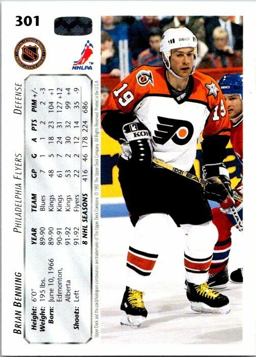 Brian Benning Philadelphia Flyers Hand Signed 1992-93 UD Card #301 in NM-MT