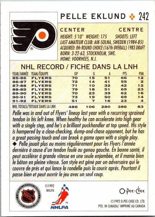 Pelle Eklund Philadelphia Flyers Hand Signed 1992-93 OPC Card #242 in NM-MT