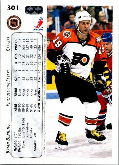 Brian Benning Philadelphia Flyers Hand Signed 1992-93 UD Card #301 in NM-MT