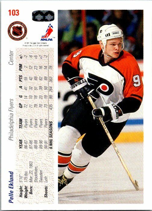 Pelle Eklund Philadelphia Flyers Hand Signed 1991-92 UD Card #103 in NM-MT