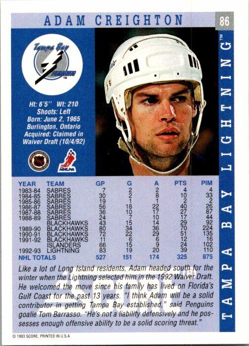 Adam Creighton Tampa Bay Lightning Hand Signed 1993-94 Score Hockey Card #86 NM