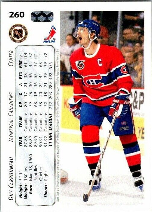 Guy Carbonneau Montreal Canadiens Hand Signed 1992-93 UD Card #260 in NM-MT