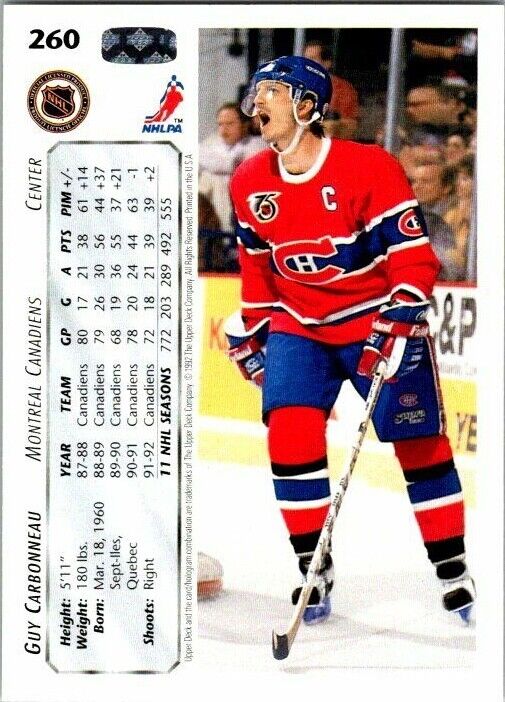 Guy Carbonneau Montreal Canadiens Hand Signed 1992-93 UD Card #260 in NM-MT