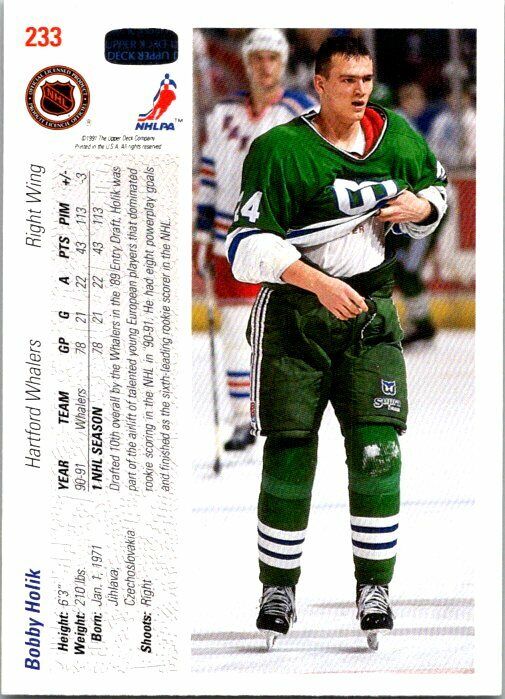 Bobby Holik Hartford Whalers Hand Signed 1991-92 UD Card #233 in NM-MT