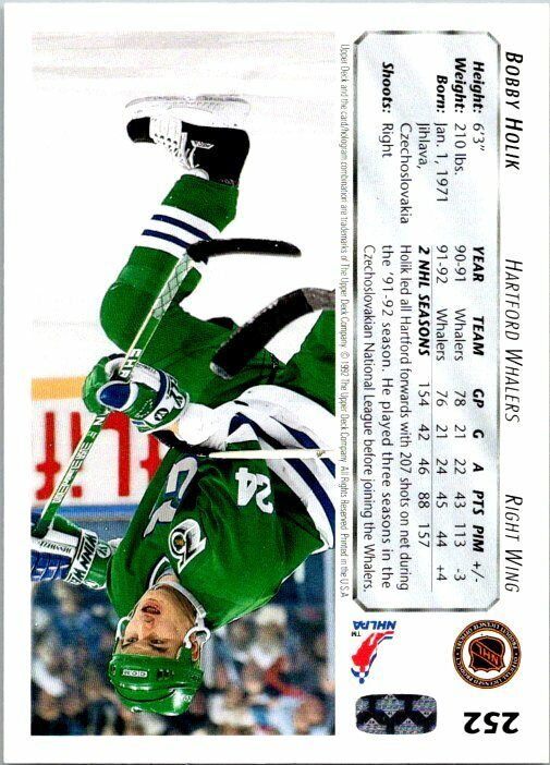 Bobby Holik Hartford Whalers Hand Signed 1992-93 UD Card #252 in NM-MT