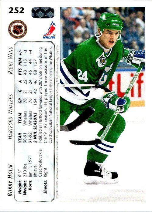 Bobby Holik Hartford Whalers Hand Signed 1992-93 UD Card #252 in NM-MT