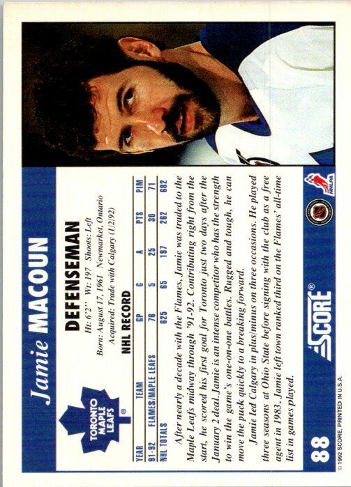 Jamie Macoun Maple Leafs Hand Signed 1992-93 Score Hockey Card #88 NM