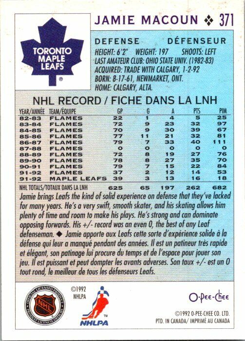 Jamie Macoun Maple Leafs Hand Signed 1992-93 O-PEE-CHEE Hockey Card #371 NM