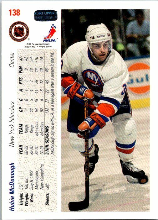 Hubie McDonough Islanders Hand Signed 1991-92 Upper Deck Hockey Card #138 NM