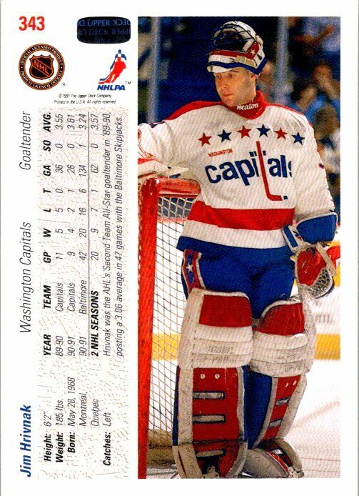 Jim Hrivnak Washington Capitals Hand Signed 1991-92 UD Hockey Card #343 in NM-MT