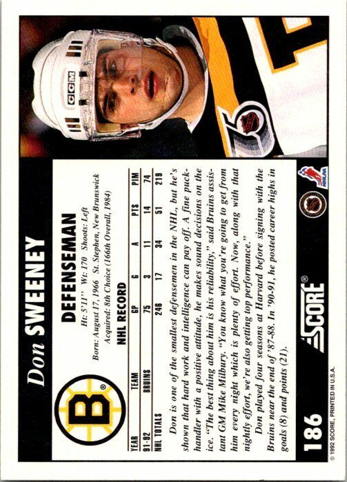 Don Sweeney Boston Bruins Hand Signed Score 1992-93  Hockey Card #186 NM-MT