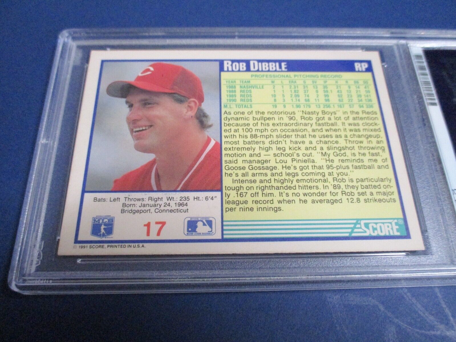 Rob Dibble Cincinnati Reds Autographed 1991 Score Card #17 PSA Slab #84334629