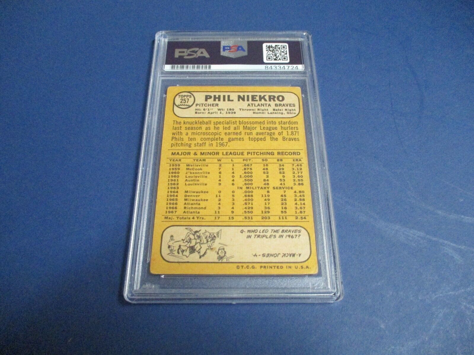 Phil Niekro Braves Autographed Signed 1968 Topps Card #257 PSA Slab #84334724