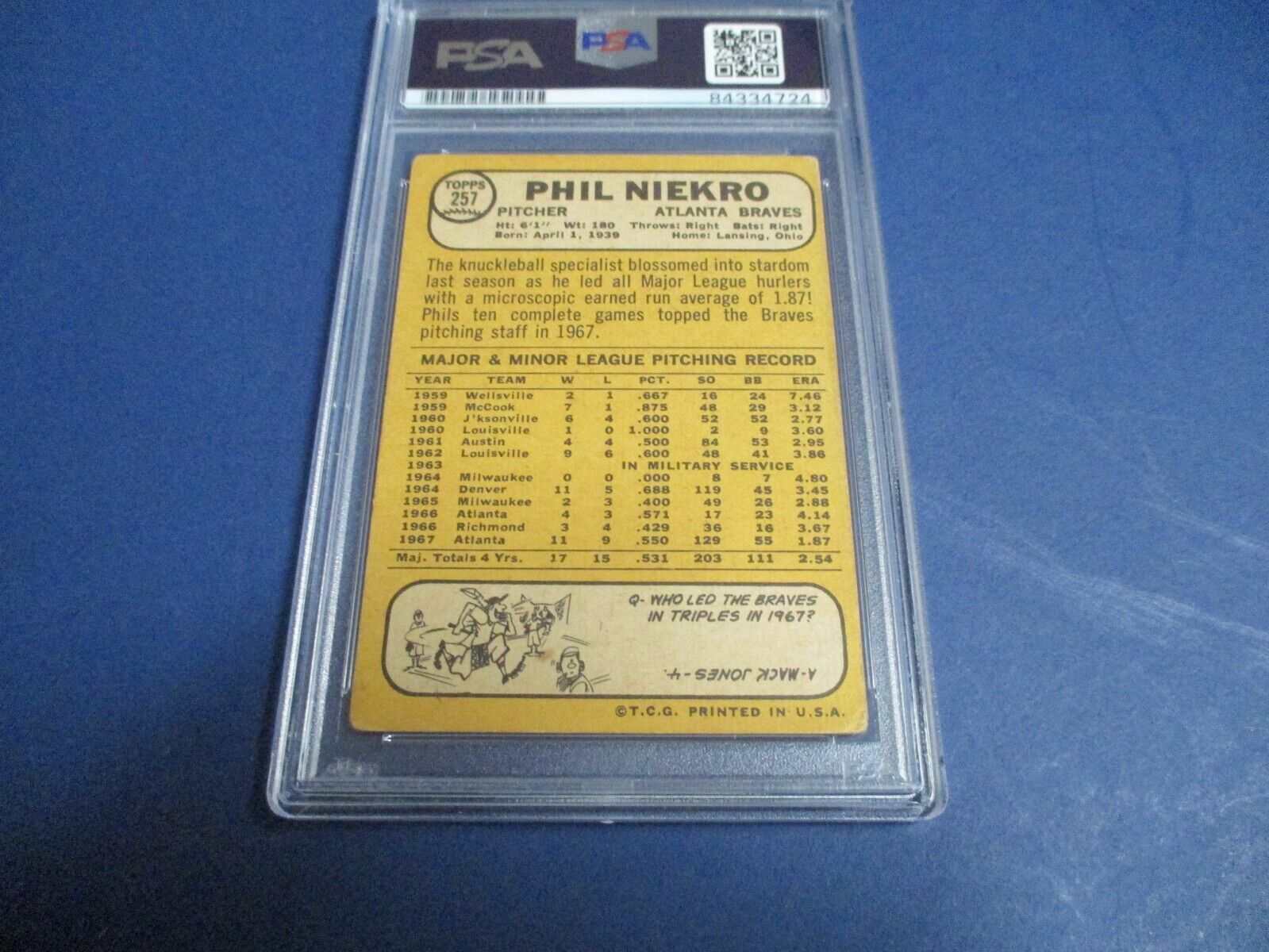 Phil Niekro Braves Autographed Signed 1968 Topps Card #257 PSA Slab #84334724