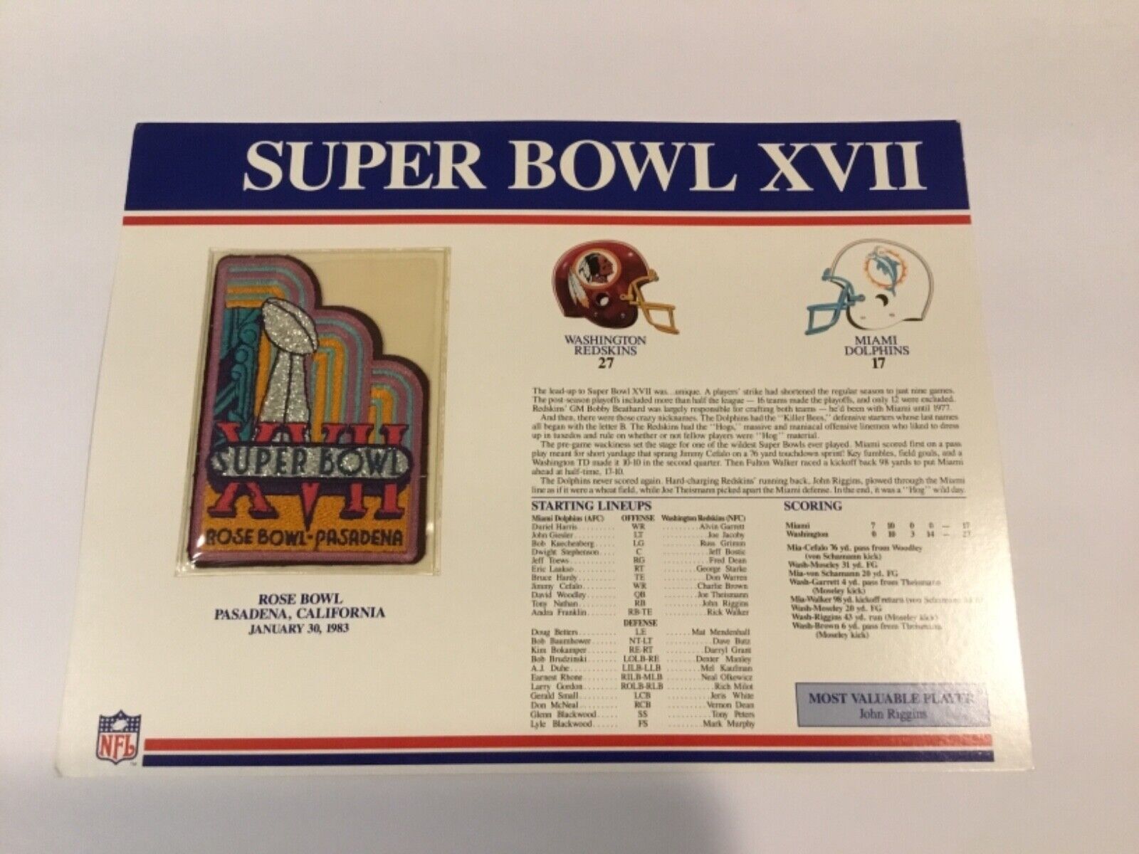 Super Bowl 17 Embroidered Patch ~4 Inch 1983 Redskins vs Dolphin Willabee &Ward