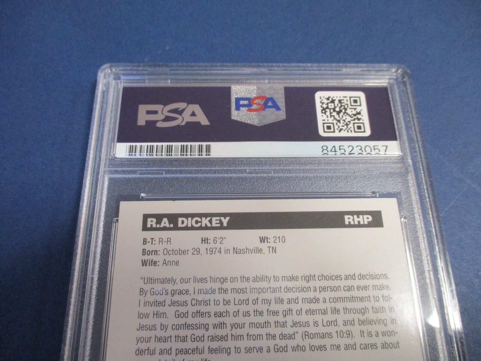 R.A. Dickey Texas Rangers Autographed Signed R.A.'s Self Printed Card PSA Slab