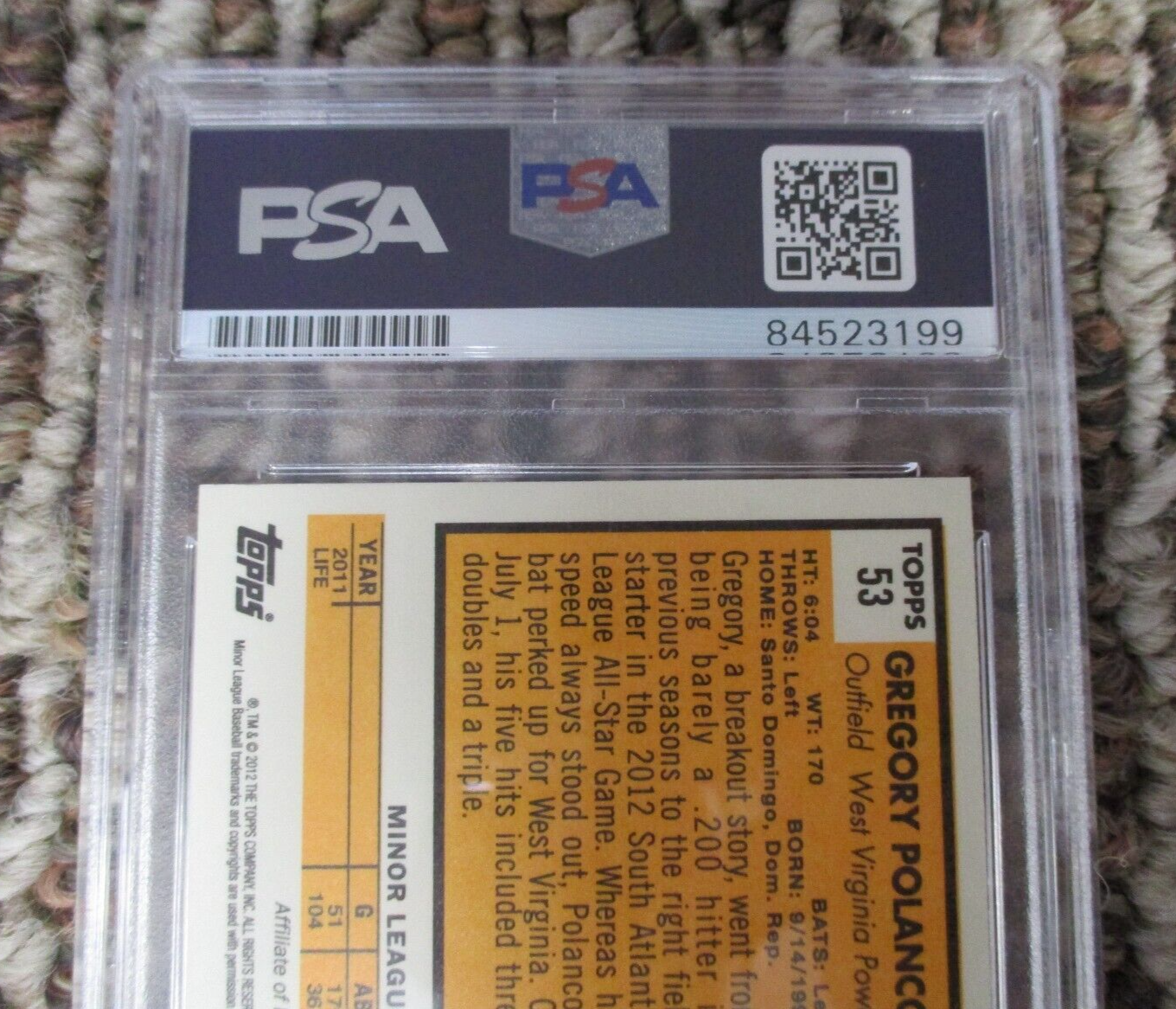 MLB Gregory Polanco West Virginia Power Autographed Signed Topps Card PSA Slab 3