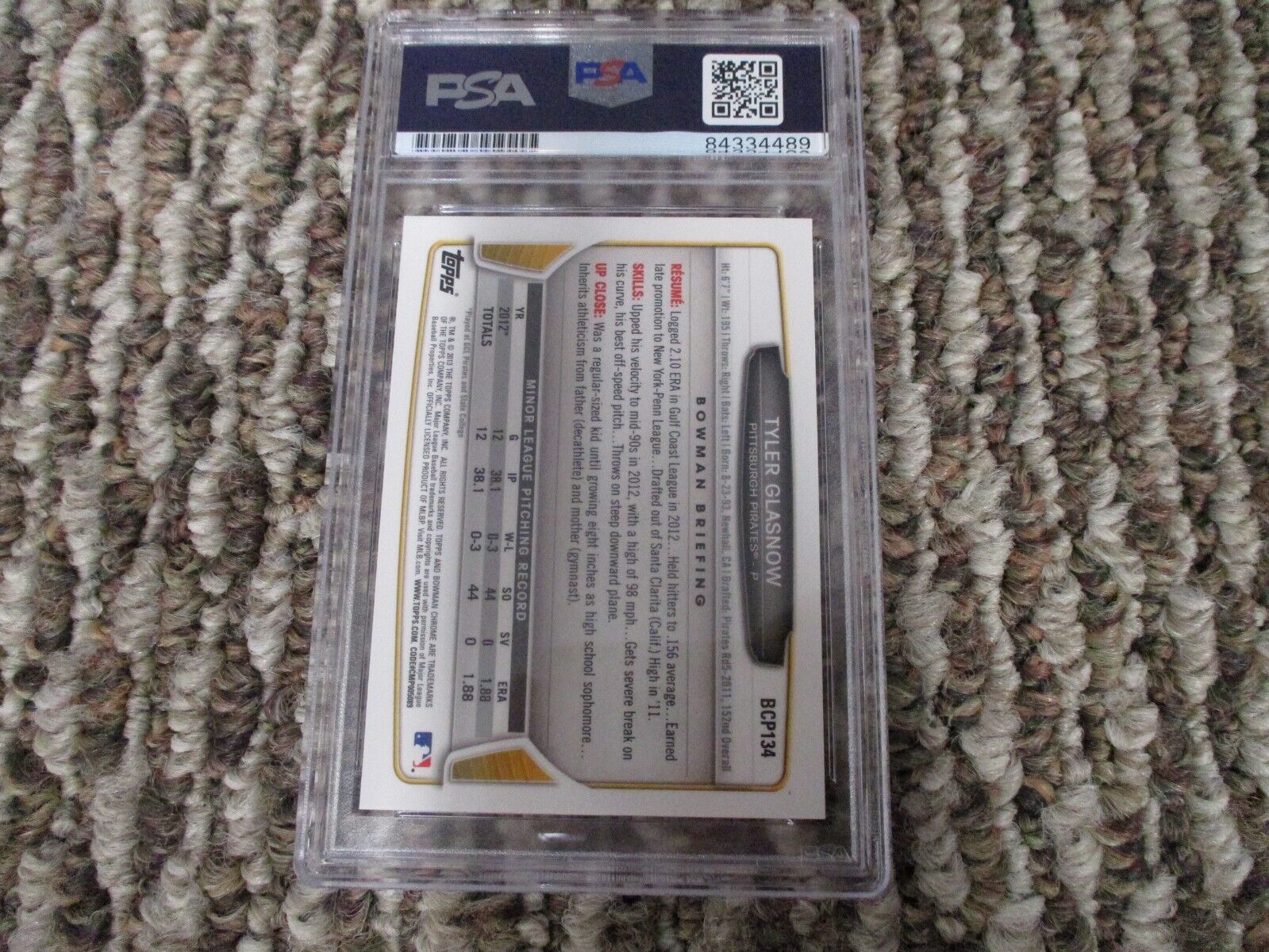 MLB Tyler Glasnow Pittsburgh Pirates Autographed Signed Topps BC Card PSA Slab