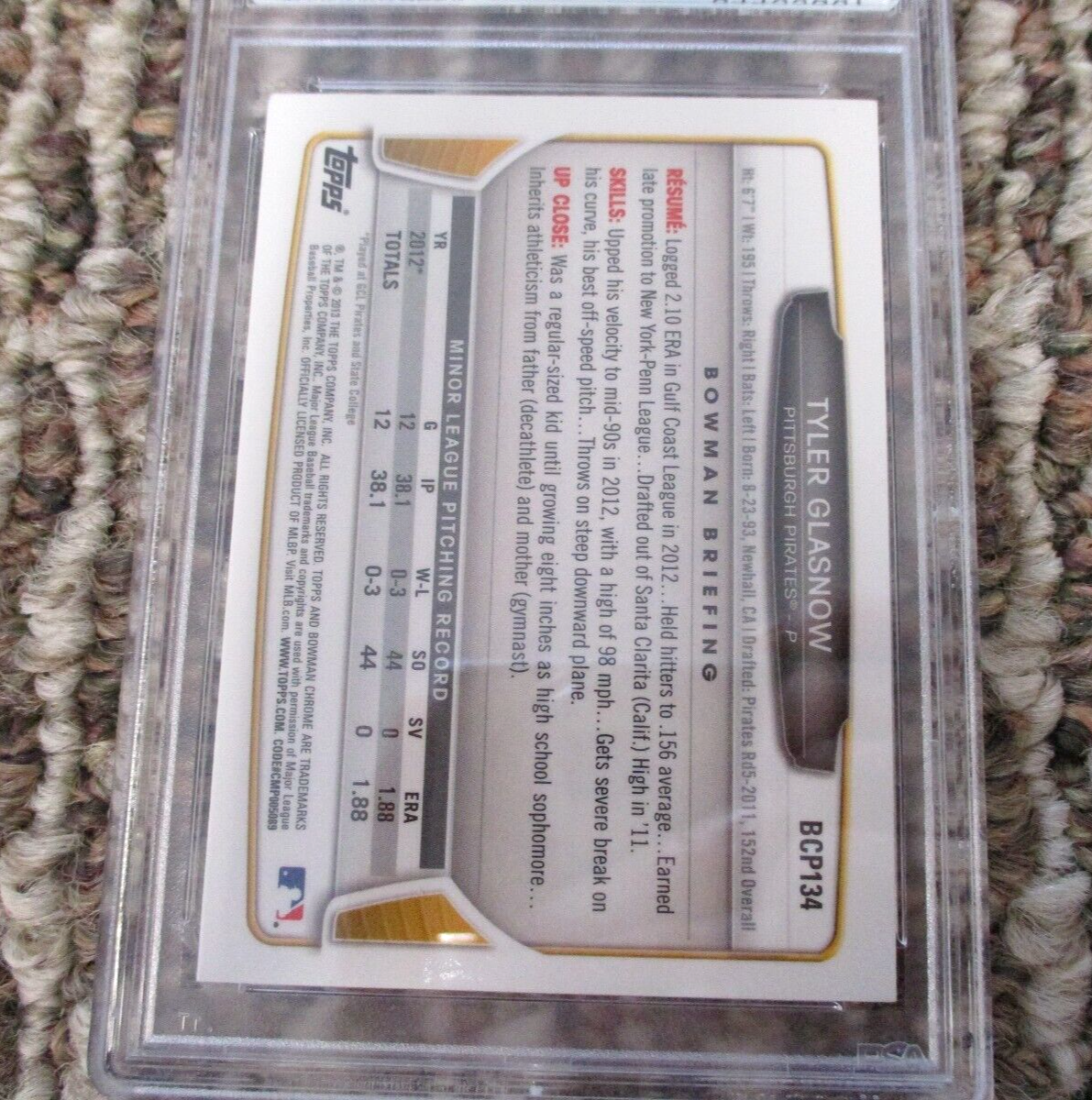 MLB Tyler Glasnow Pittsburgh Pirates Autographed Signed Topps BC Card 2 PSA Slab