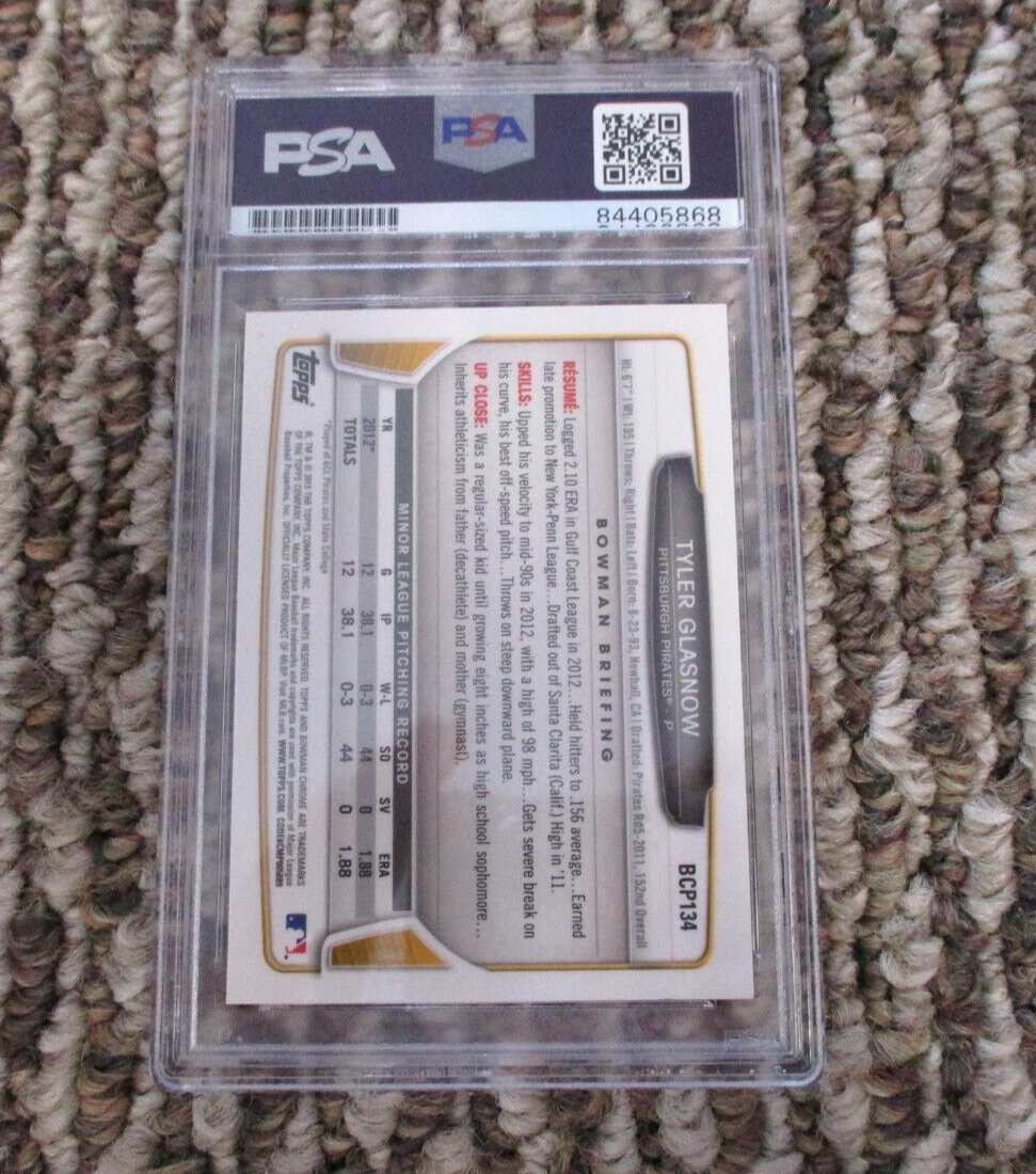 MLB Tyler Glasnow Pittsburgh Pirates Autographed Signed Topps BC Card 3 PSA Slab