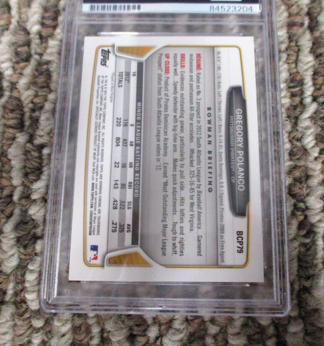 MLB Gregory Polanco Pittsburgh Pirates Autographed Signed Topps BC Card PSA Slab