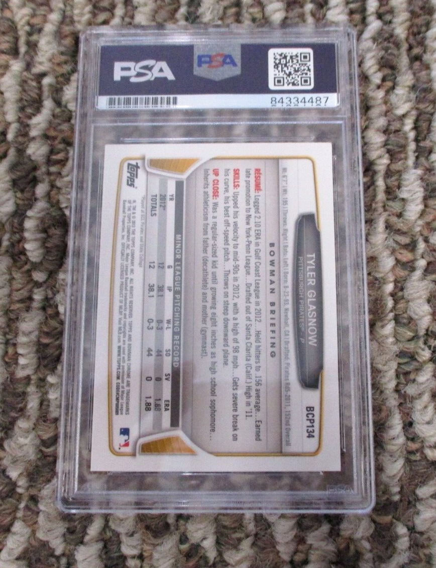 MLB Tyler Glasnow Pittsburgh Pirates Autographed Signed Topps BC Card 5 PSA Slab