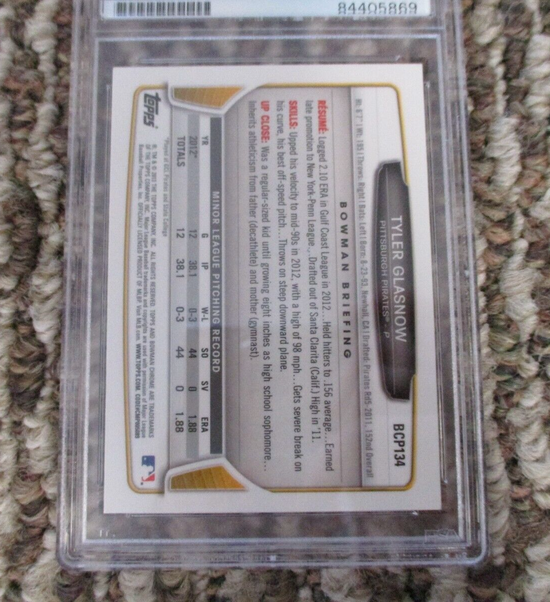 MLB Tyler Glasnow Pittsburgh Pirates Autographed Signed Topps BC Card 4 PSA Slab