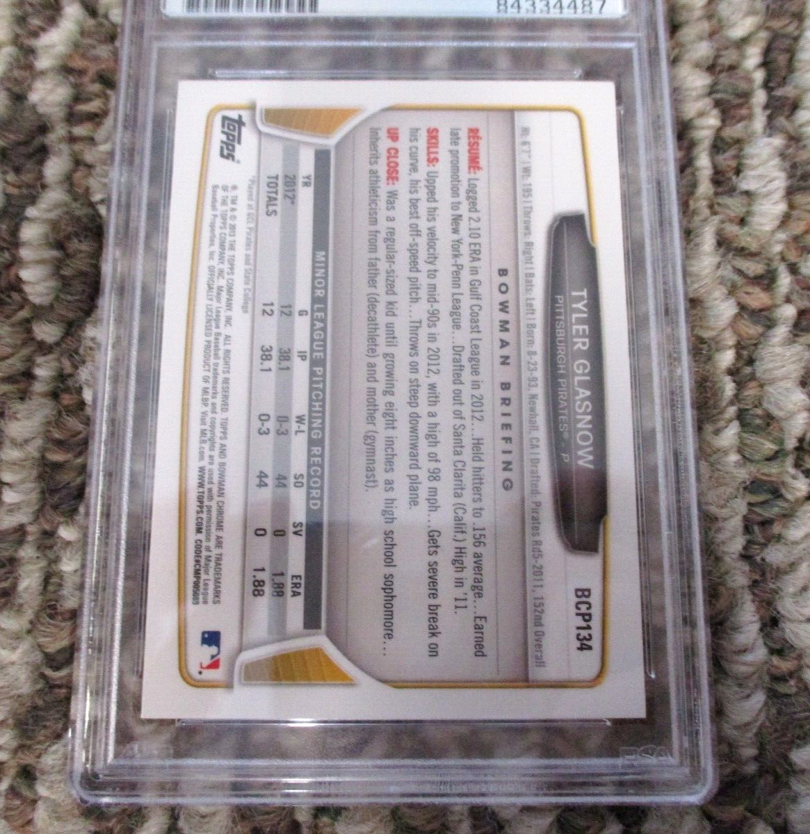 MLB Tyler Glasnow Pittsburgh Pirates Autographed Signed Topps BC Card 5 PSA Slab