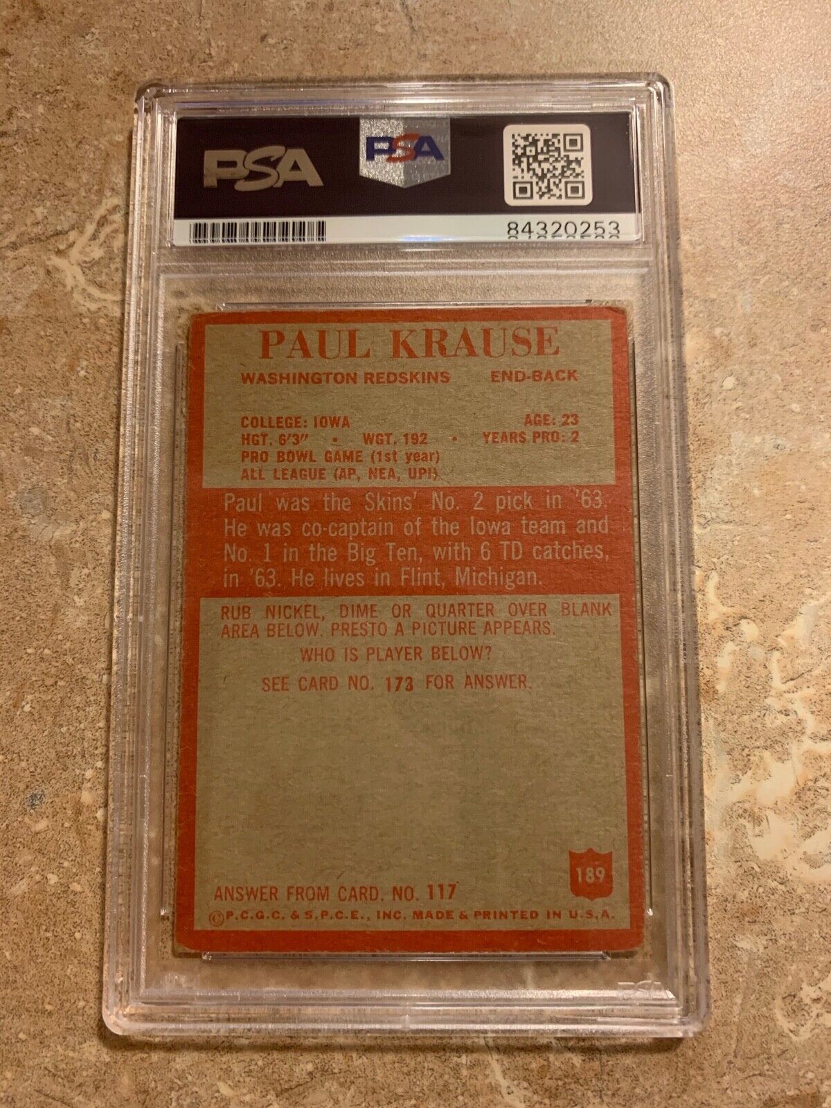 Paul Krause 1965 Philadelphia ROOKIE Autographed Card  #189 PSA Slabbed B