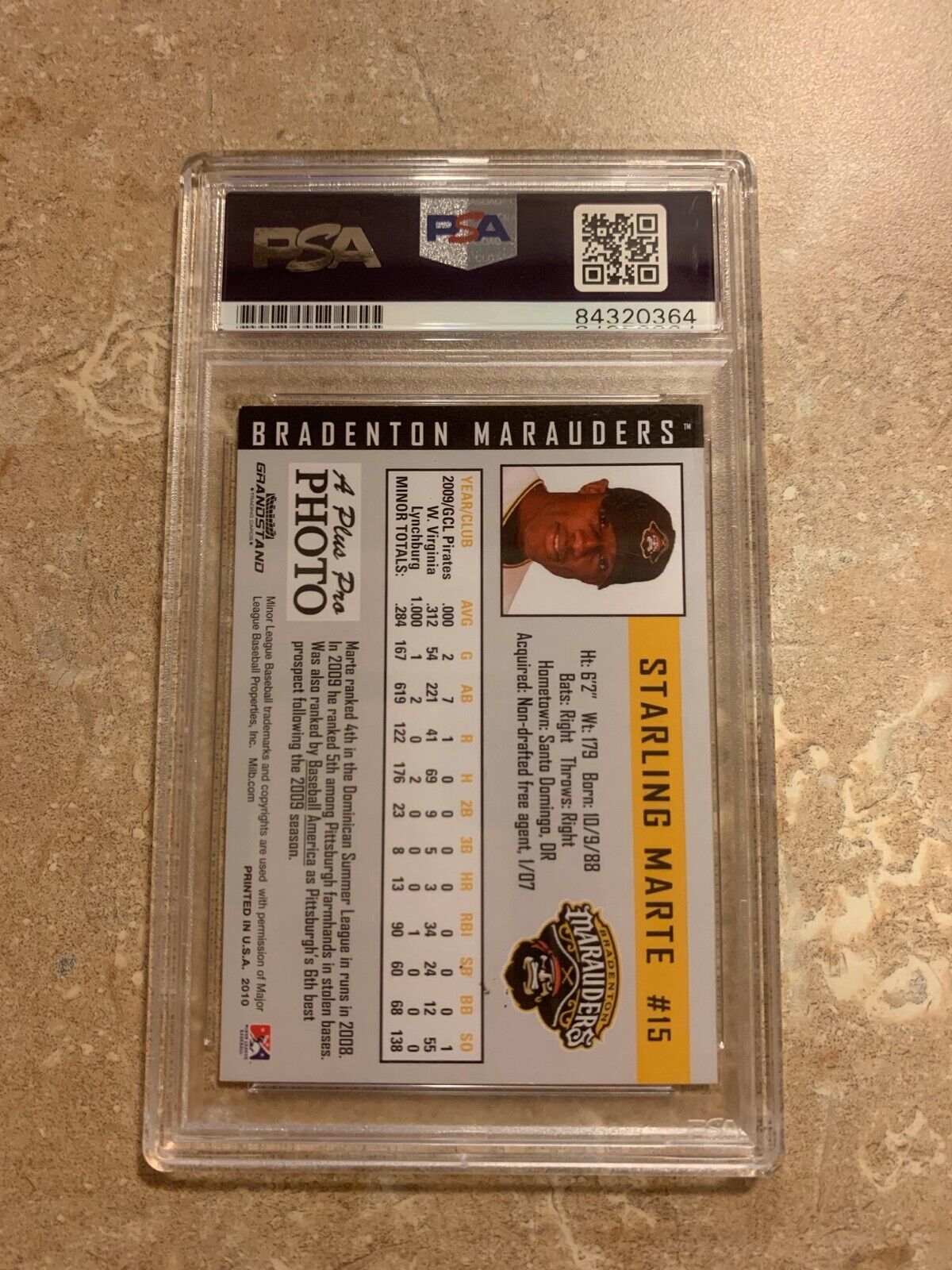 Starling Marte Autographed 2010 Bradenton Marauders Card PSA Slabbed Certified