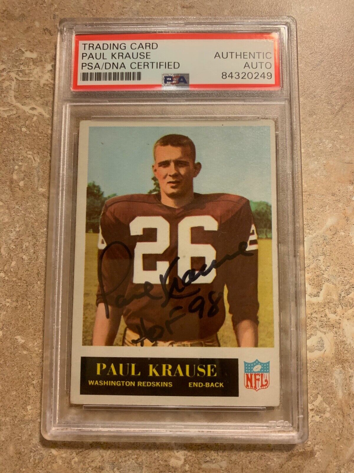 Paul Krause 1965 Philadelphia Rookie card Autographed #189 PSA slabbed