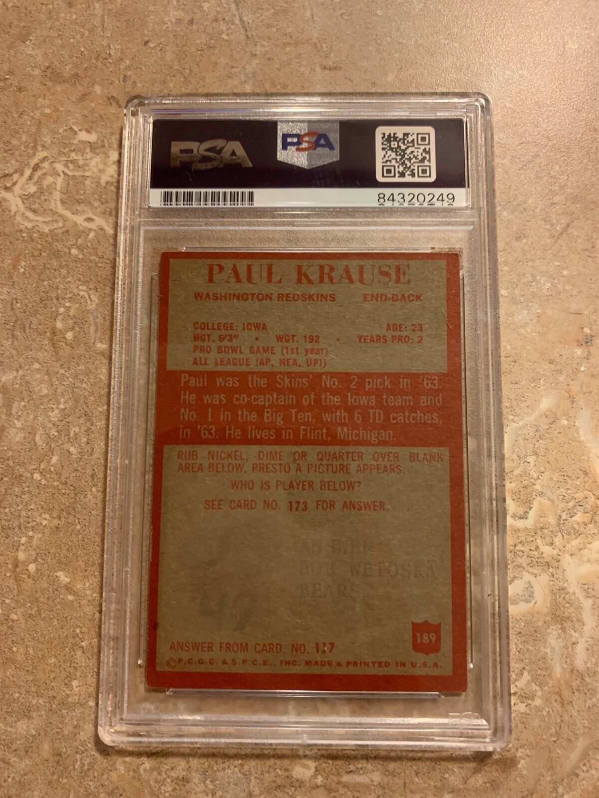 Paul Krause 1965 Philadelphia Rookie card Autographed #189 PSA slabbed