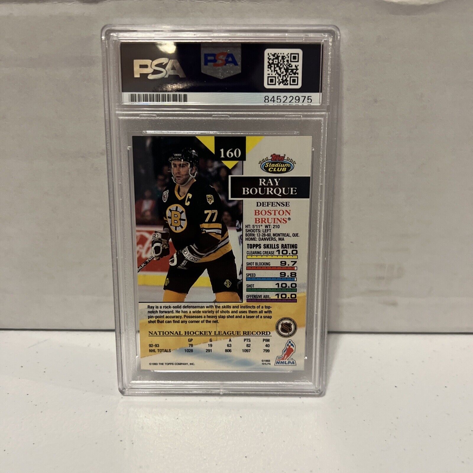 Ray Bourque Autographed Signed 1993 Topps Stadium Club Card #160 PSA Auth Slab