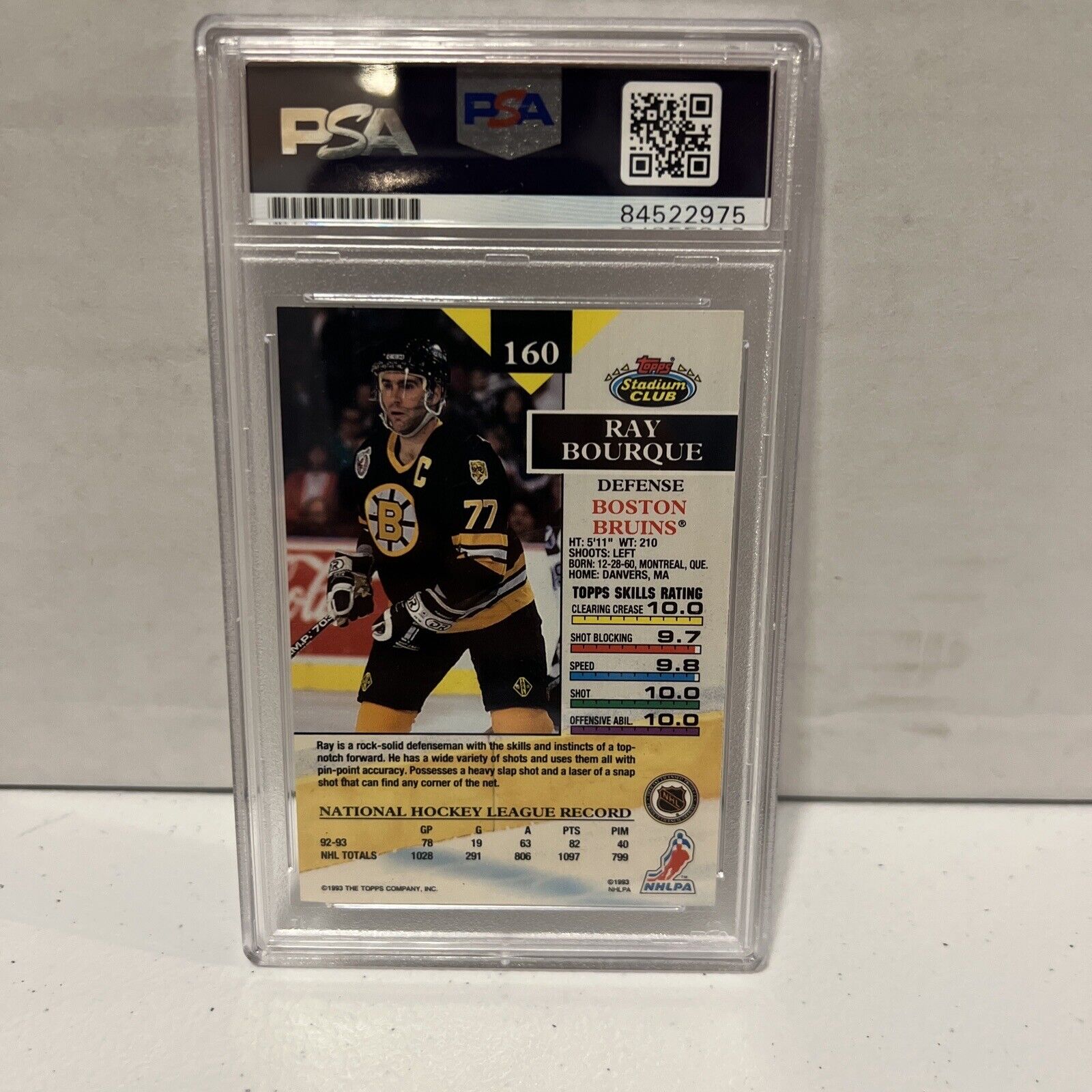 Ray Bourque Autographed Signed 1993 Topps Stadium Club Card #160 PSA Auth Slab