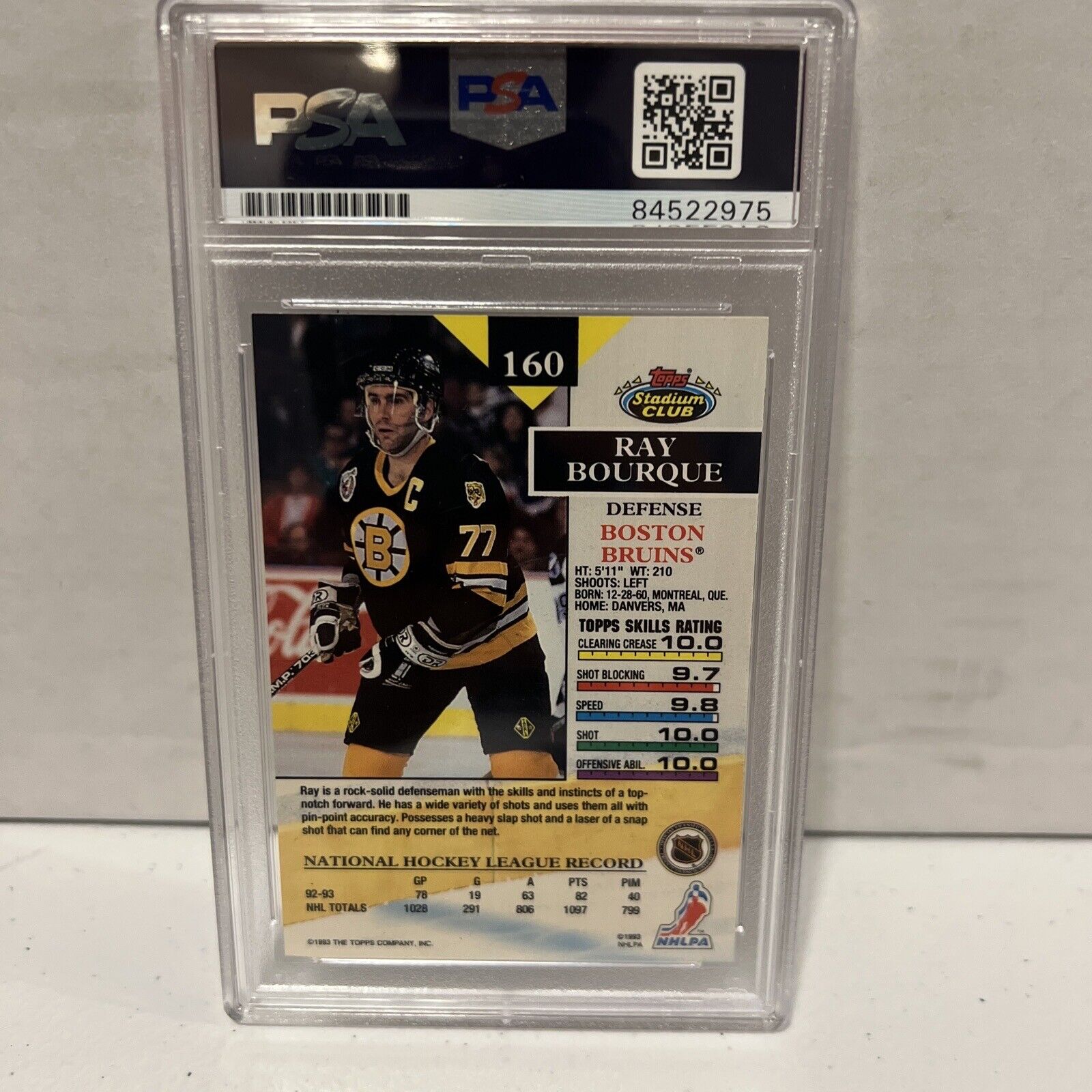 Ray Bourque Autographed Signed 1993 Topps Stadium Club Card #160 PSA Auth Slab