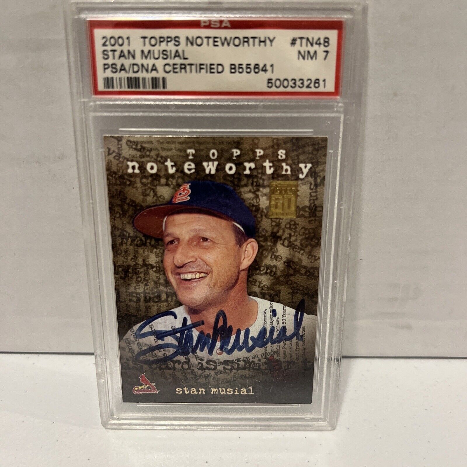 Stan Musial Autographed Signed 2001 Topps 50Y NW Card #TN48 PSA Auth Slab