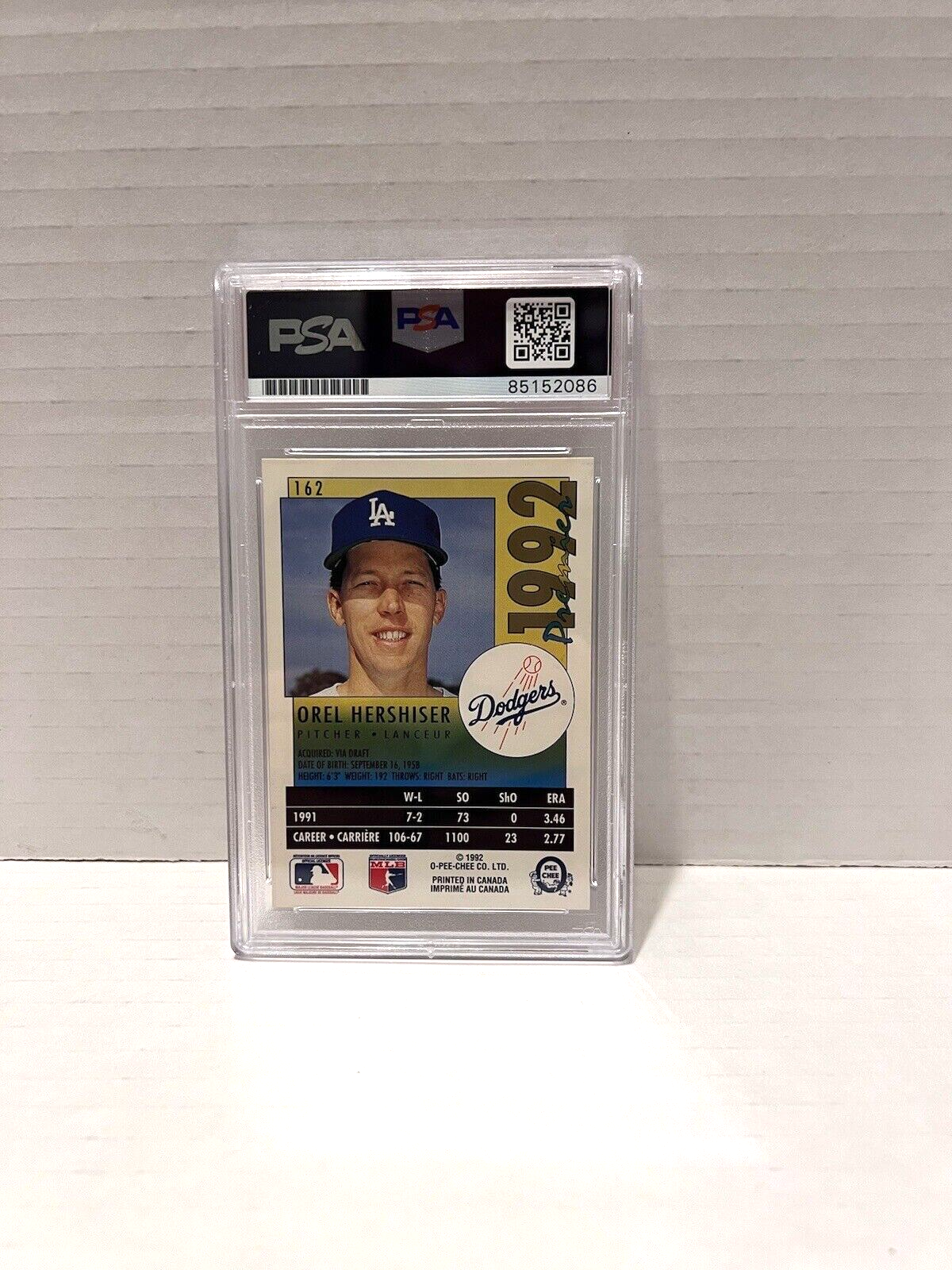 Orel Hershiser Autographed Signed O-Pee-Chee Prem. 92 Card #162 PSA #85152086