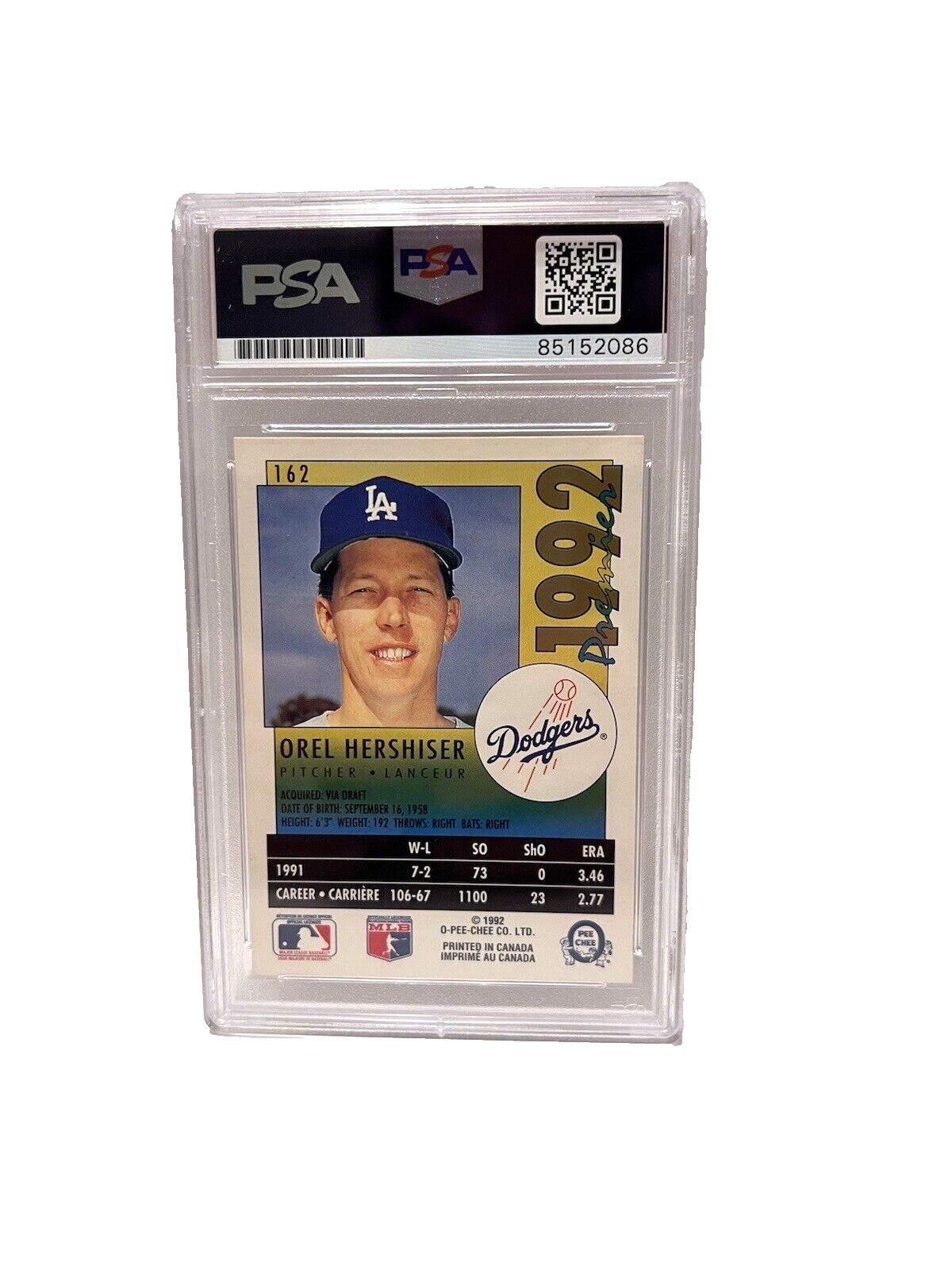 Orel Hershiser Autographed Signed O-Pee-Chee Prem. 92 Card #162 PSA #85152086