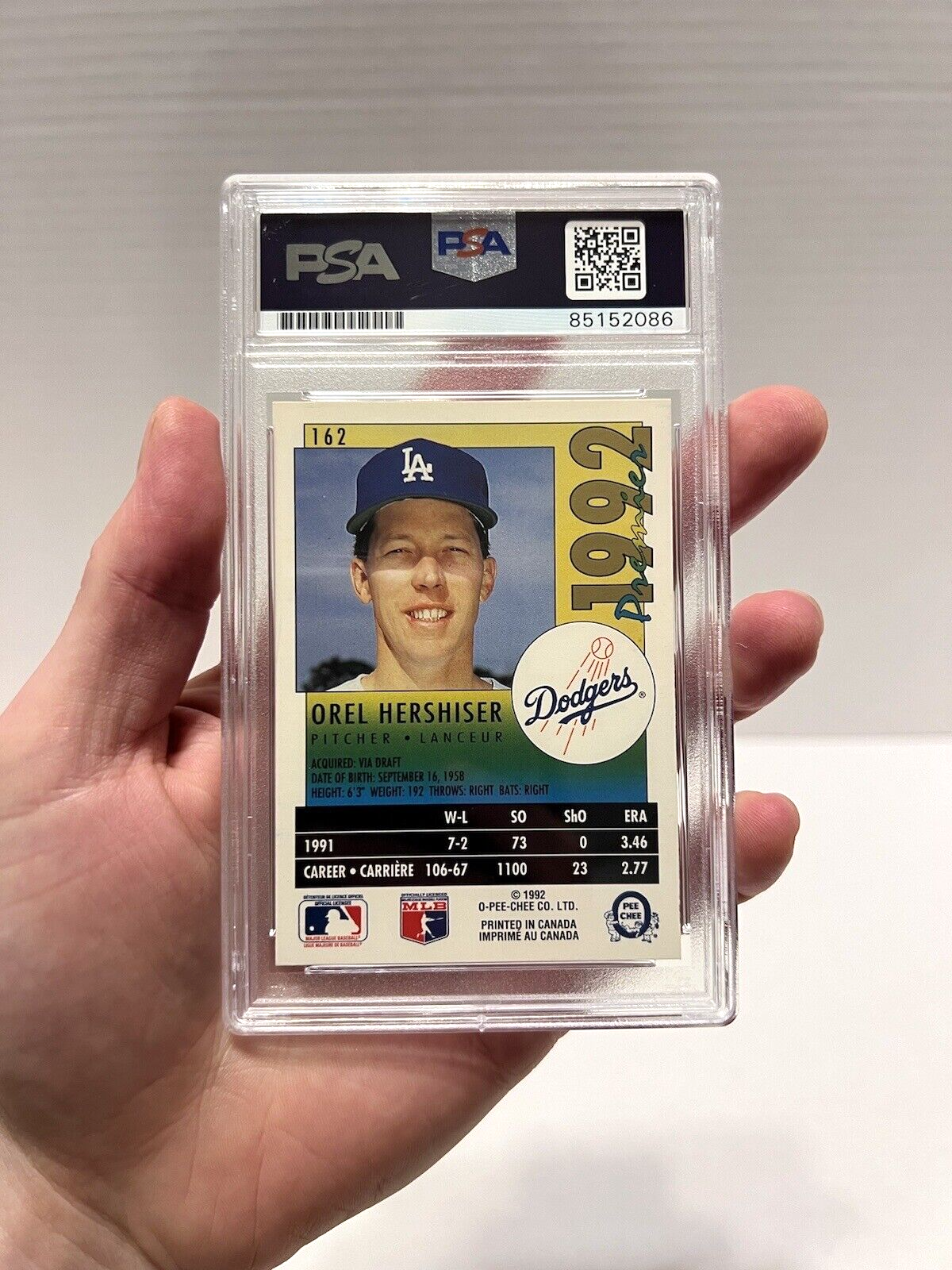 Orel Hershiser Autographed Signed O-Pee-Chee Prem. 92 Card #162 PSA #85152086